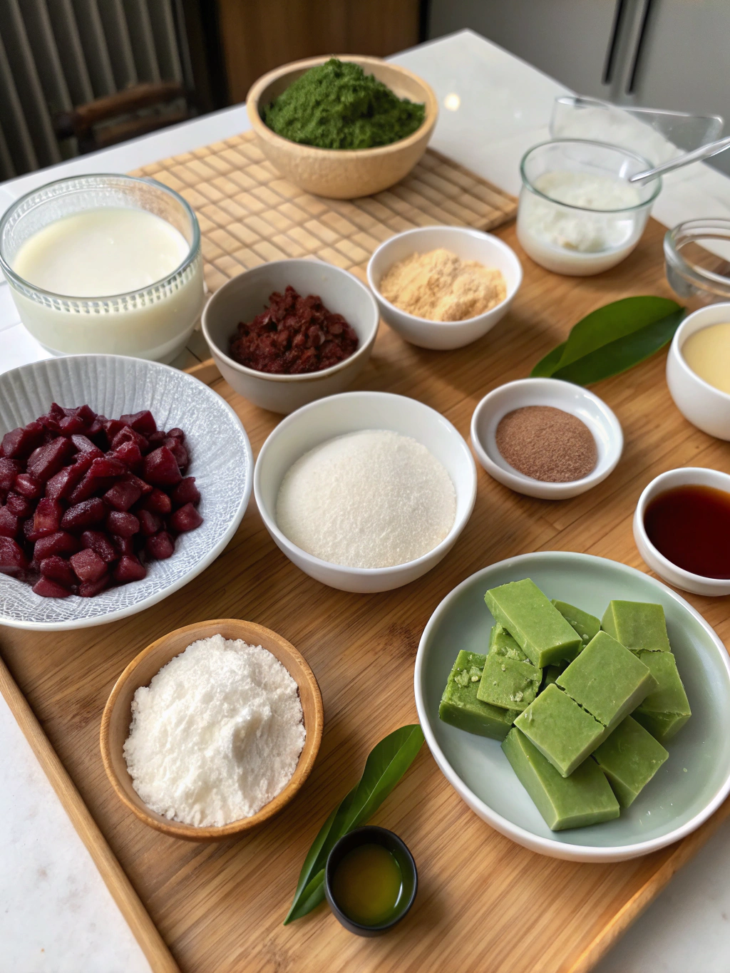 Colorful ingredients for Asian desserts arranged neatly on wooden table