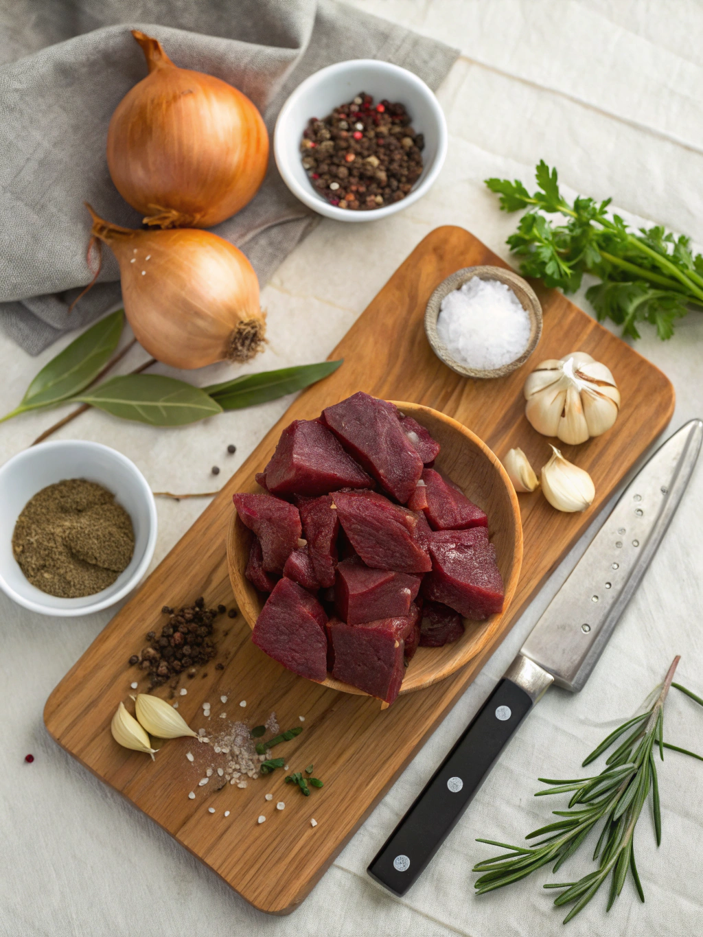 Fresh beef liver, garlic, onions, and seasonings arranged on kitchen counter