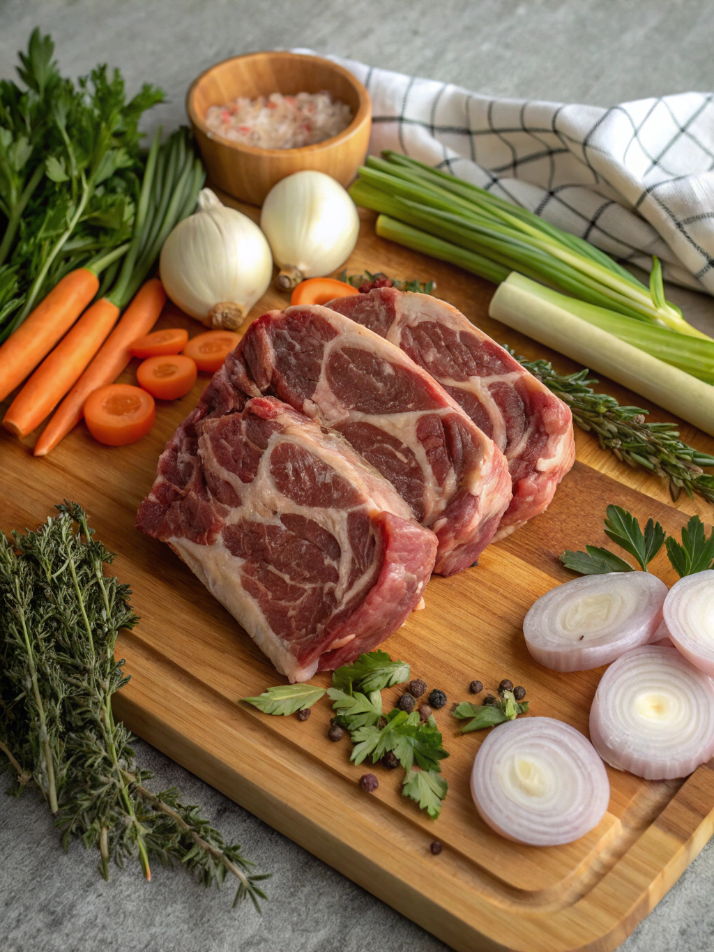 Ingredients for Beef Neck Bones Recipe including bone-in meat, carrots, onions, and herbs