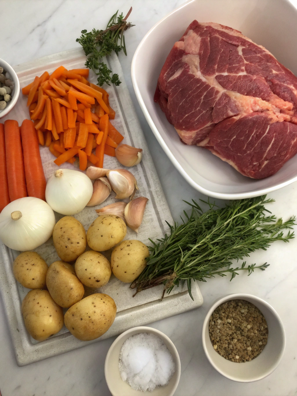 Beef shoulder roast ingredients on a rustic cutting board: beef roast, herbs, vegetables, broth