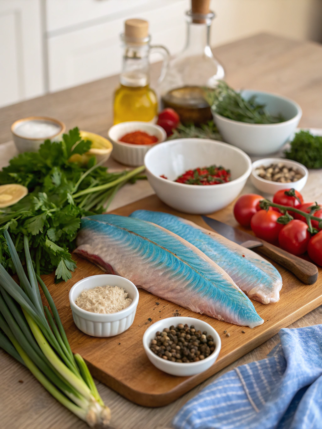 Fresh ingredients for delicious blue fish recipes including herbs, lemons, olives, spices and bluefish fillets