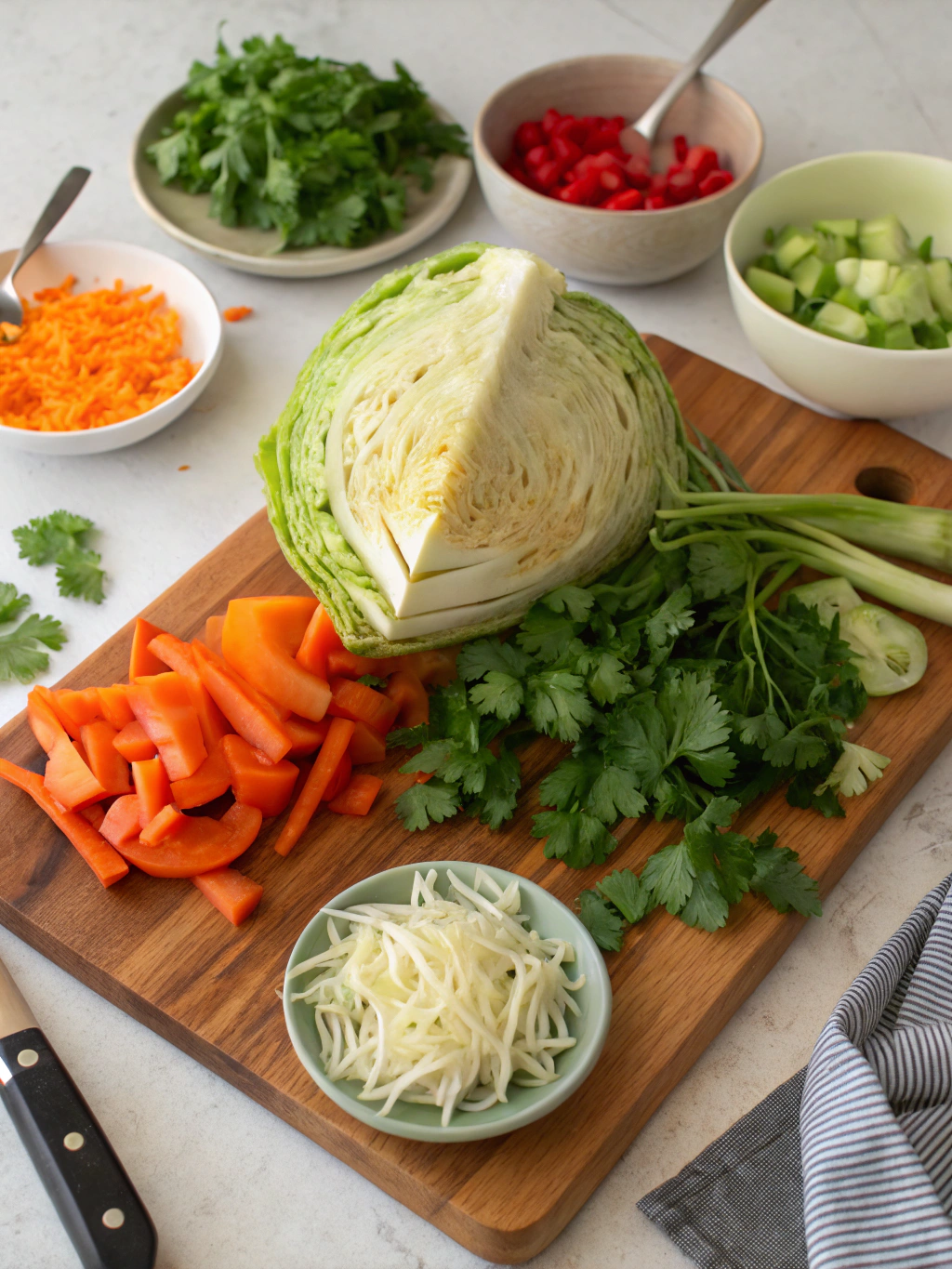 Colorful vegan cabbage recipe ingredients arranged artistically