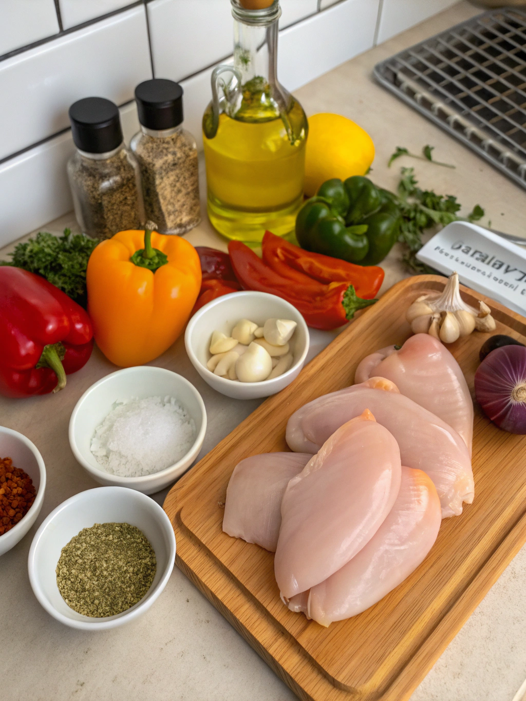 Assorted vibrant Mediterranean chicken ingredients including fresh herbs, vegetables, and cooked chicken