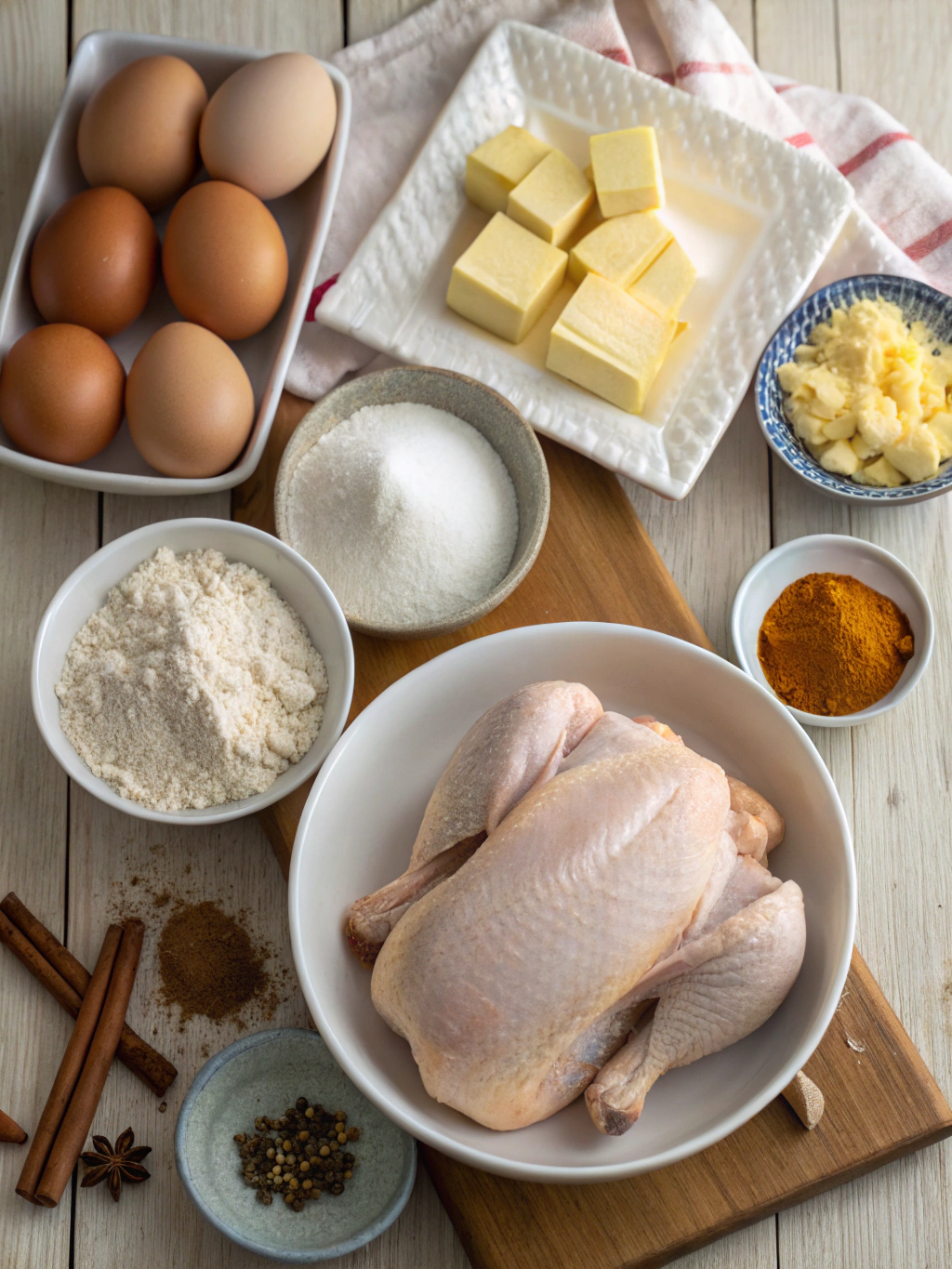 Fresh ingredients for chicken and pastry: whole chicken, sliced carrots, celery, onions, flour, butter, herbs
