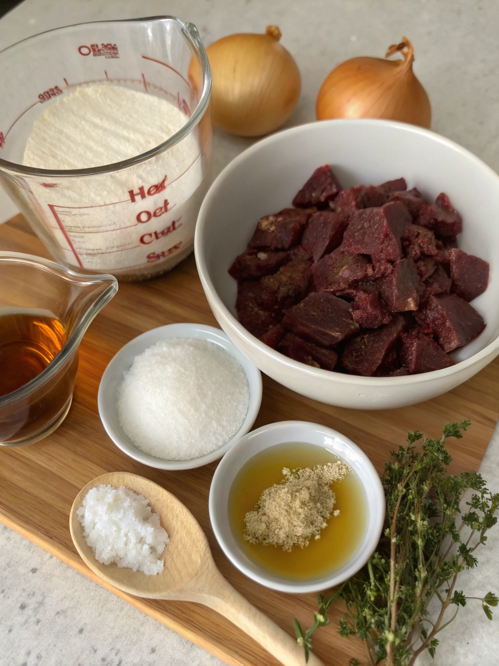 Dried Beef Gravy Ingredients - butter, milk, flour, dried beef on a wooden counter