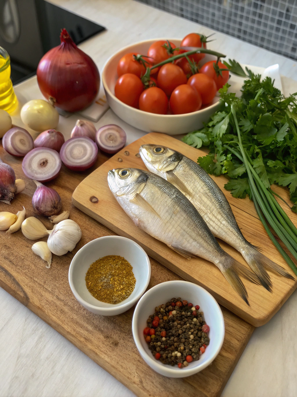 Vibrant ingredients for making fish gravy, including fresh fish fillets, tomatoes, onions, ginger, garlic, spices like turmeric, and fresh cilantro