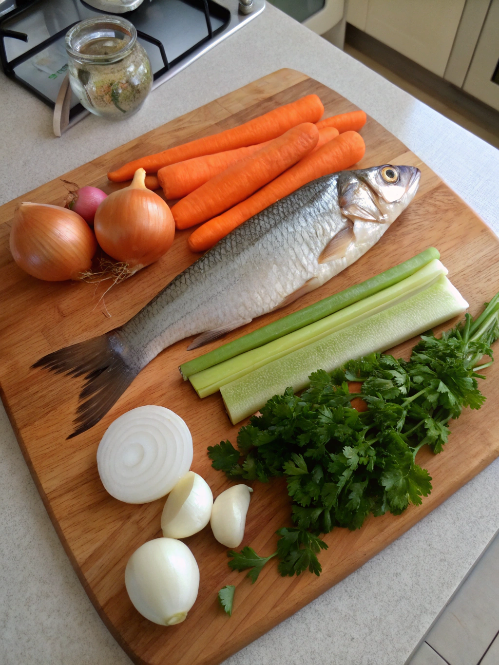 Fresh fish bones, leeks, celery, carrots, herbs and white wine for making flavorful fish stock