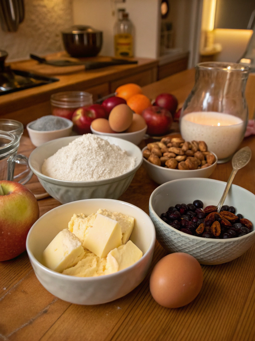 German dessert ingredient assortment: vanilla pods, apples, chocolate, cherries, yeast, flour, honey