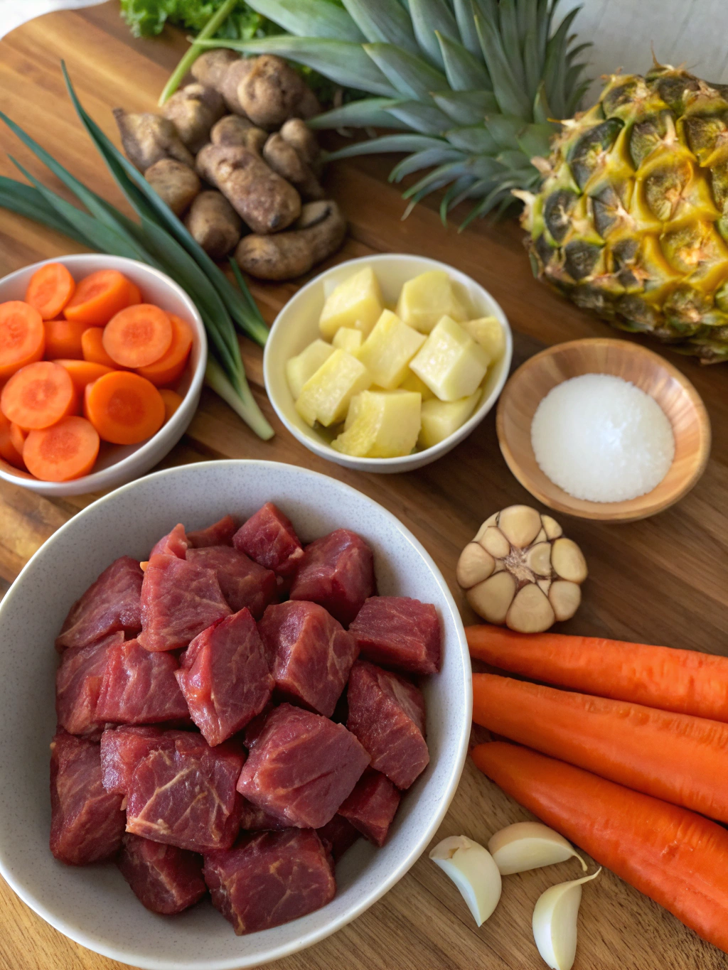 Fresh Hawaiian Beef Stew ingredients: Beef, carrots, onions, celery, tomatoes, garlic, potatoes, ginger, shoyu and spices