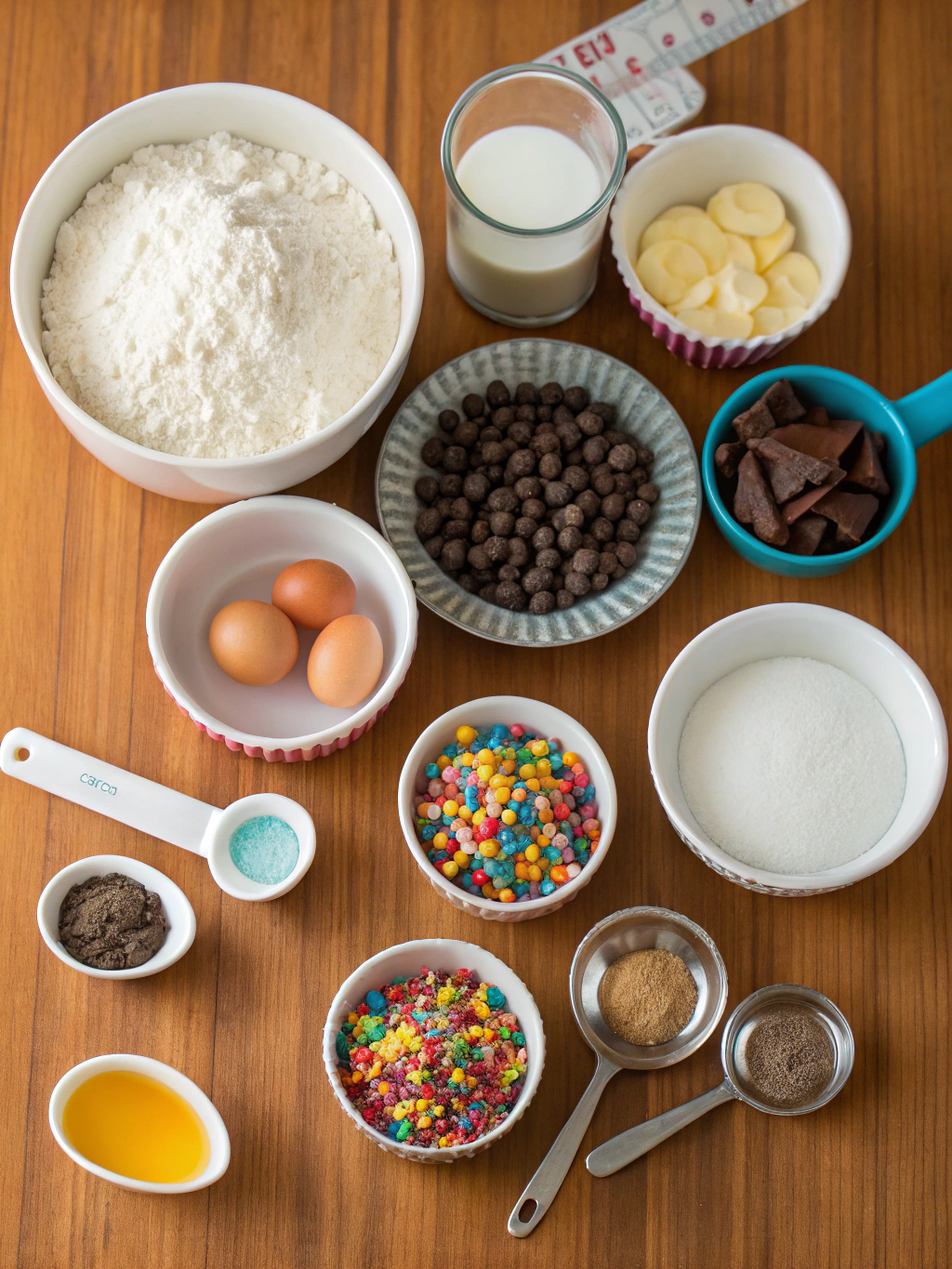 Delicious ingredients for mini desserts arranged beautifully: fresh berries, chocolate, cream cheese, flour, sugar, vanilla