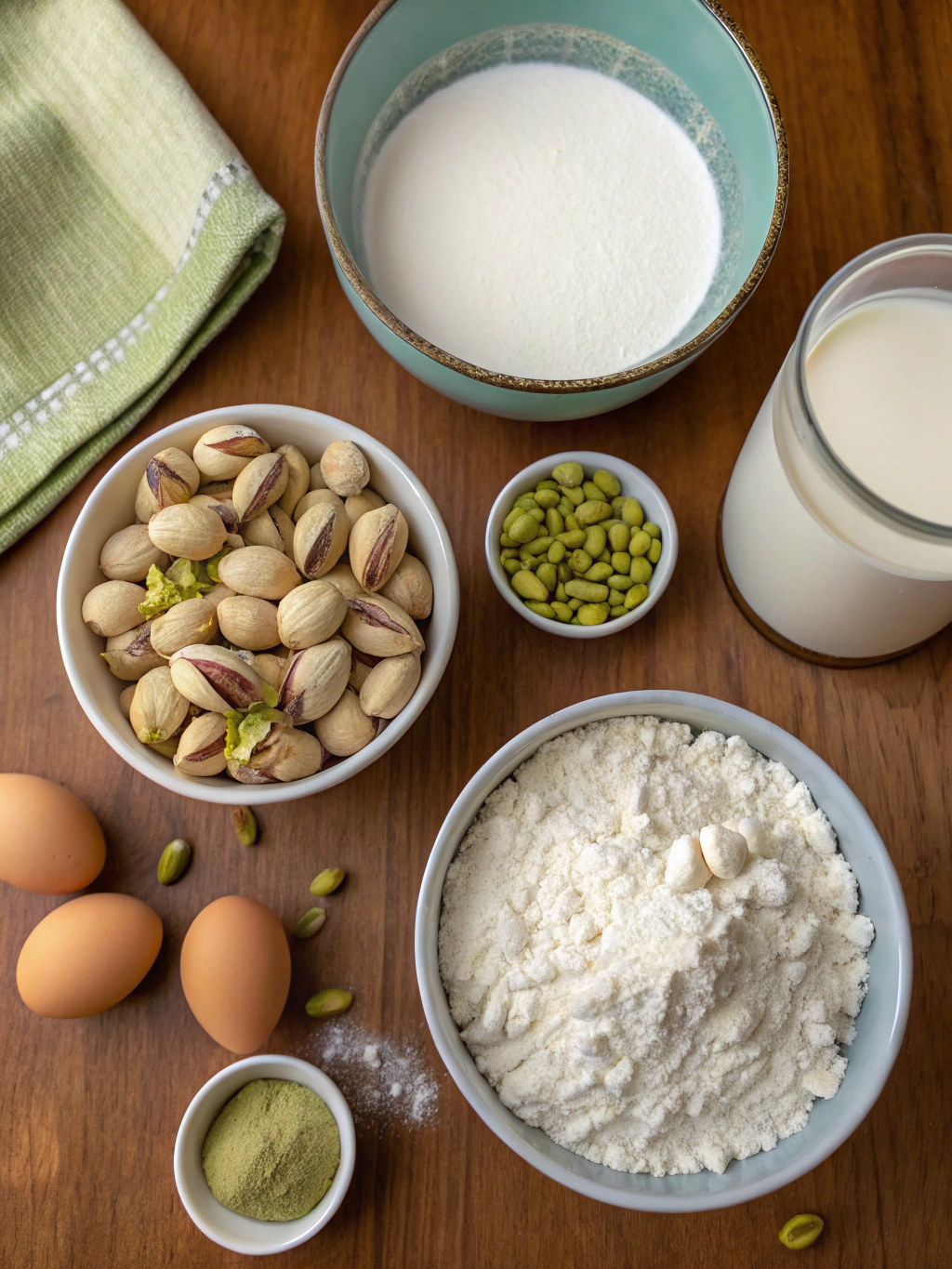 Colorful array of ingredients for pistachio desserts including fresh pistachios, pistachio paste, Greek yogurt, and rosewater