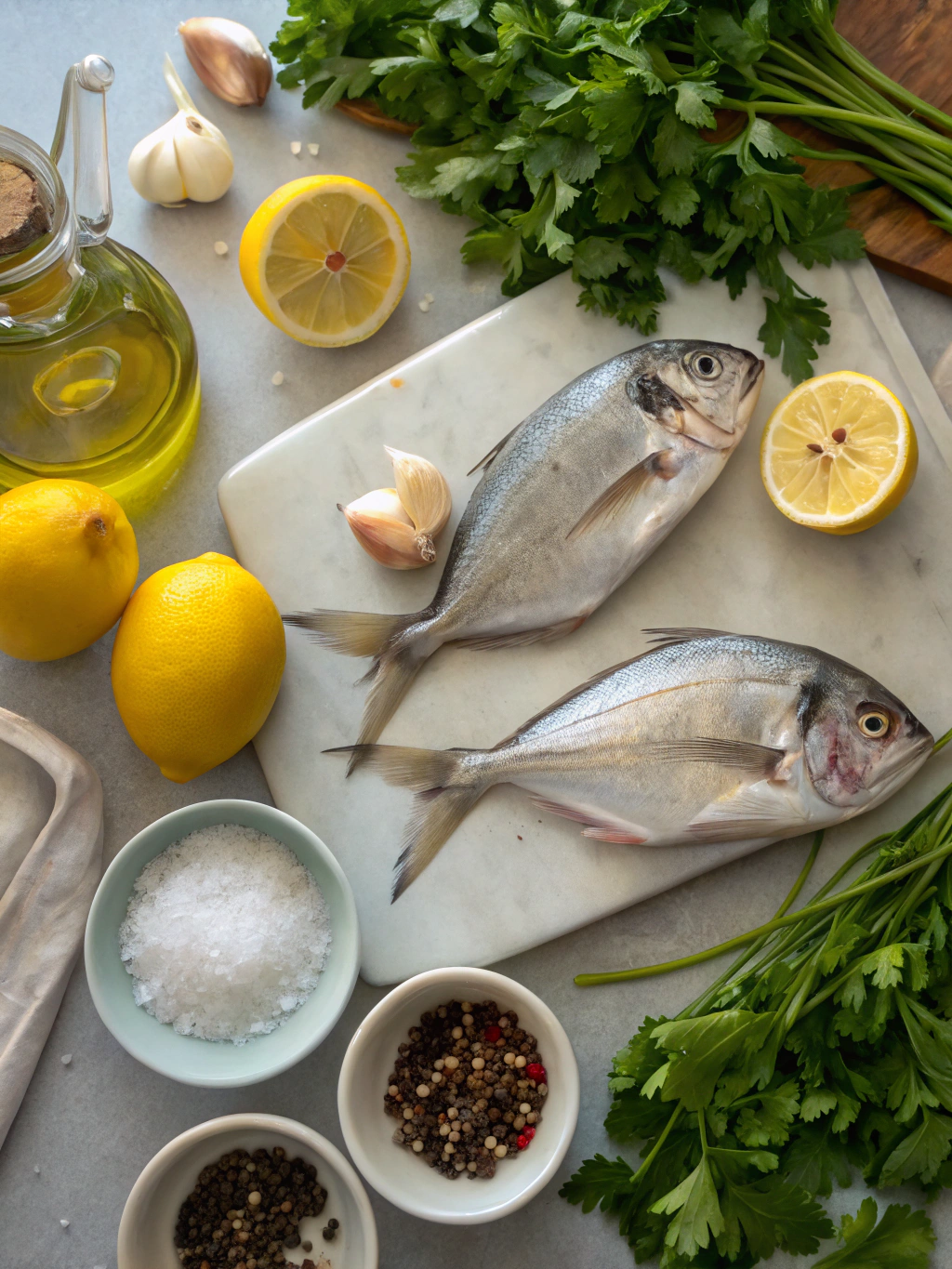 Pompano fish fillets, lemon, olive oil, herbs and spices for recipe