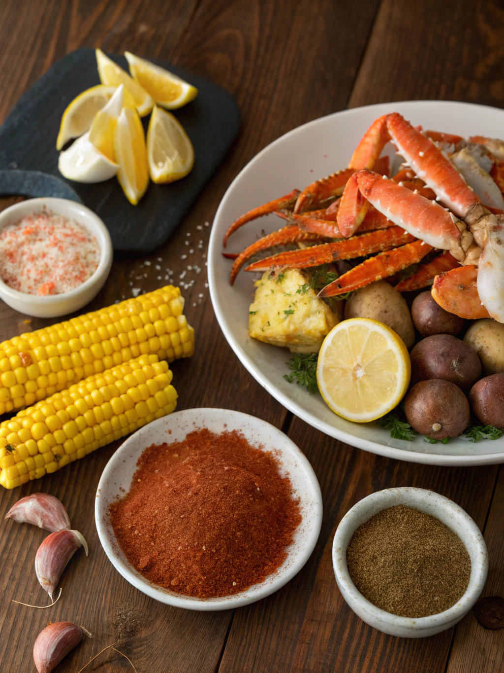 Vibrant spices for seafood boil in wooden bowls
