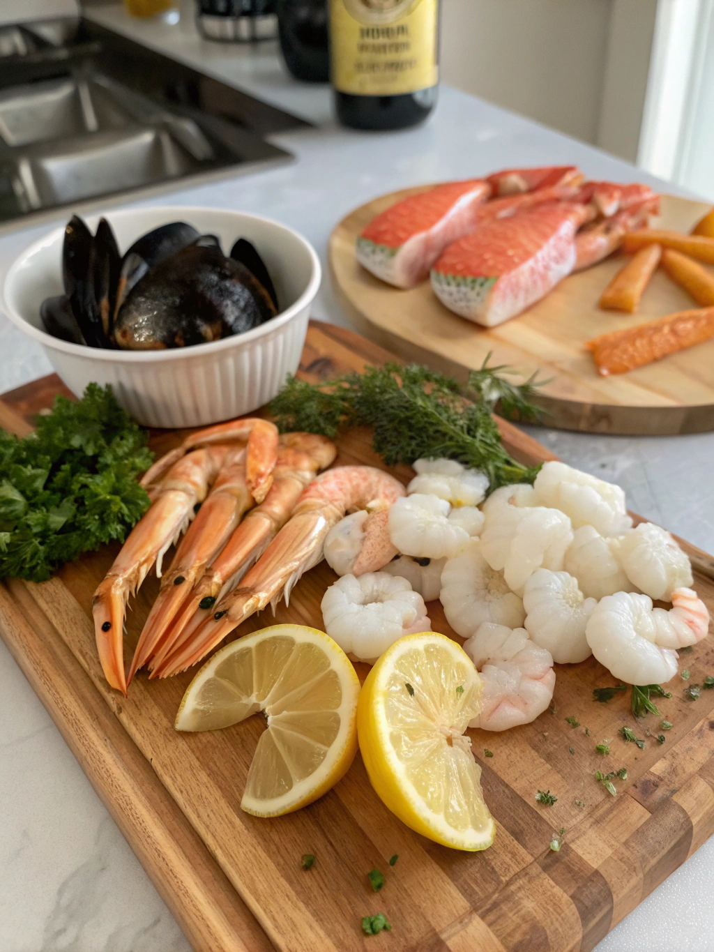 Colorful seafood medley ingredients: shrimp, scallops, squid rings, mussels, and fresh herbs