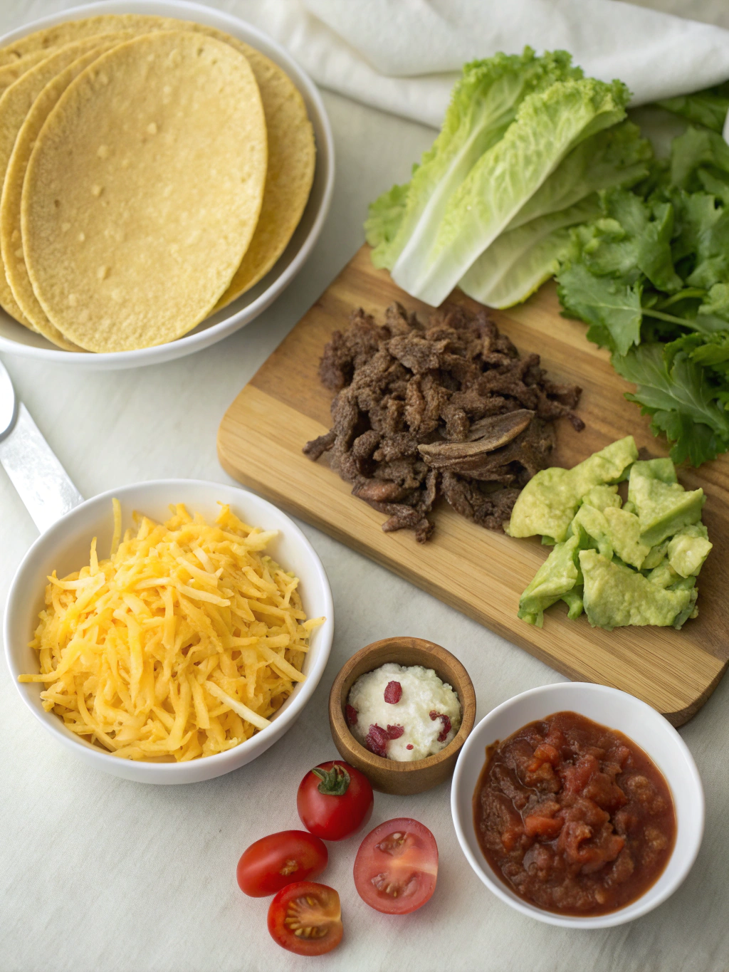 Colorful ingredients for shredded beef tacos arranged beautifully