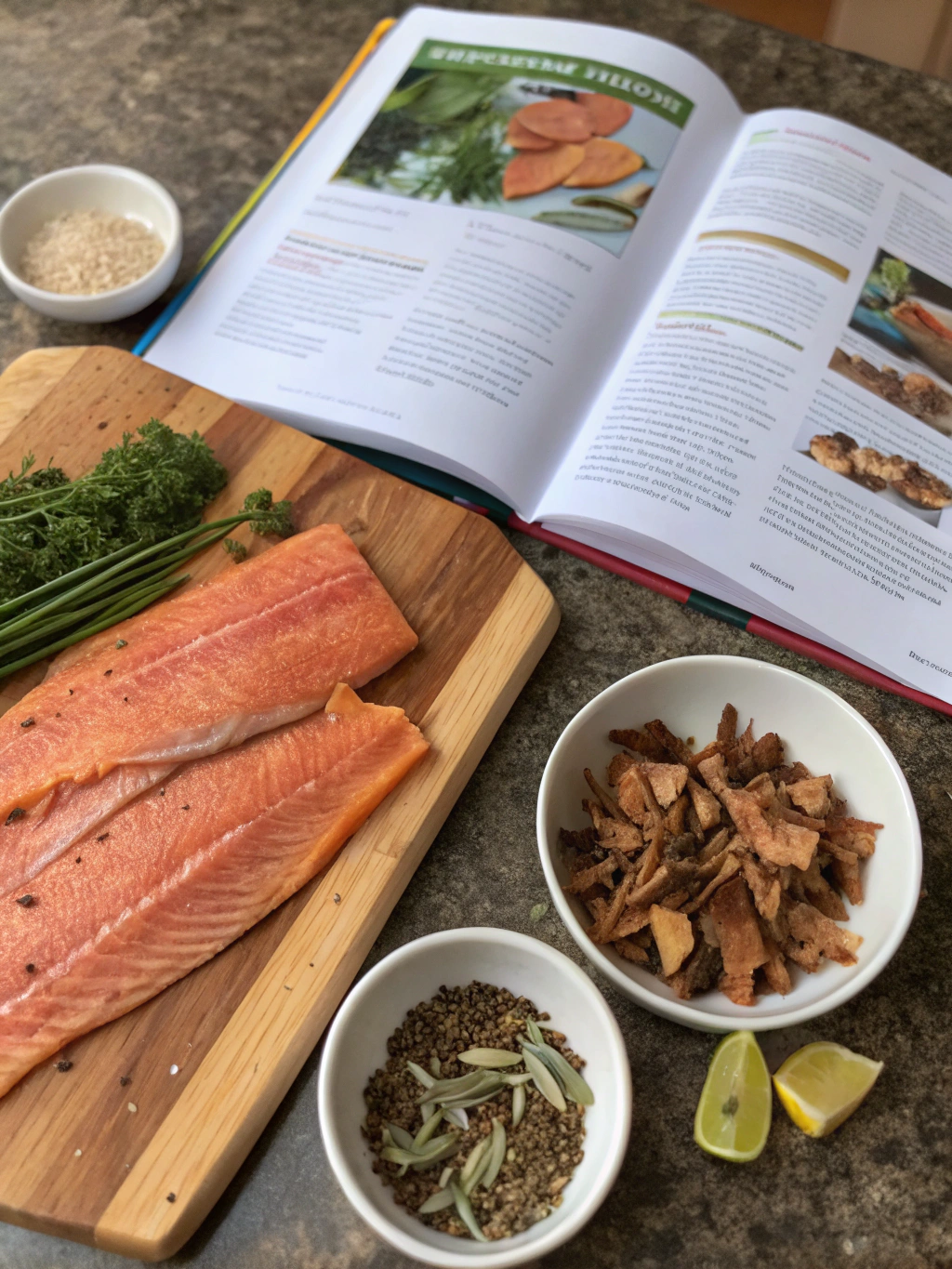 Fresh rainbow trout fillets, kosher salt, brown sugar, spices, and wood chips for smoking