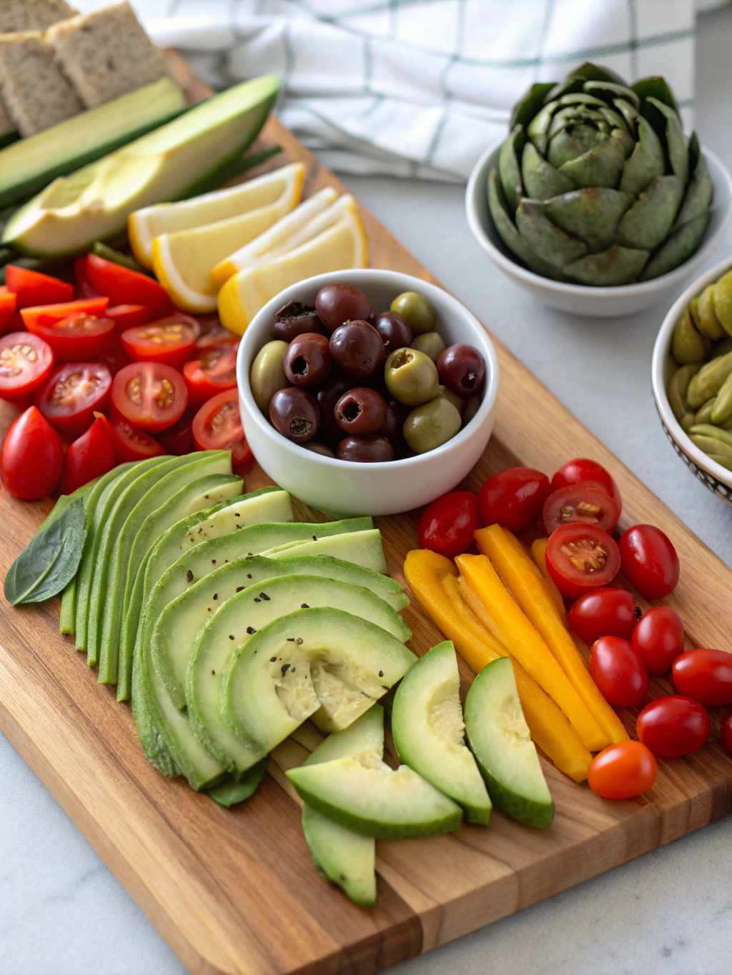 Colorful vegan ingredients including cashews, chickpeas, avocado, fresh herbs, and spices