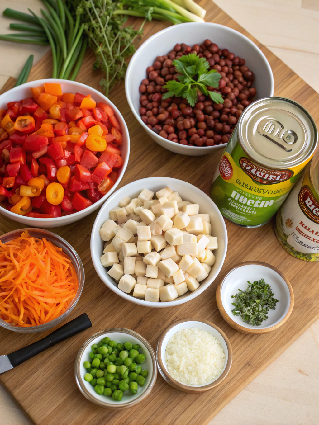 Colorful ingredients for vegan casseroles laid out on a wooden table