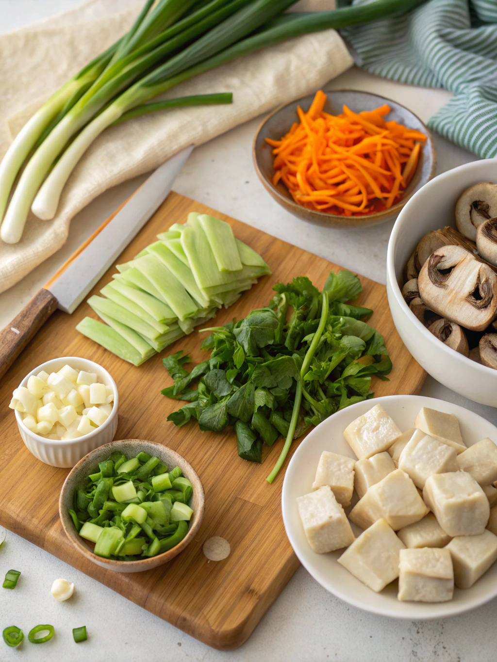Vibrant array of fresh ingredients for vegan dumpling recipe including cabbage, mushrooms, tofu, soy sauce, and wrappers
