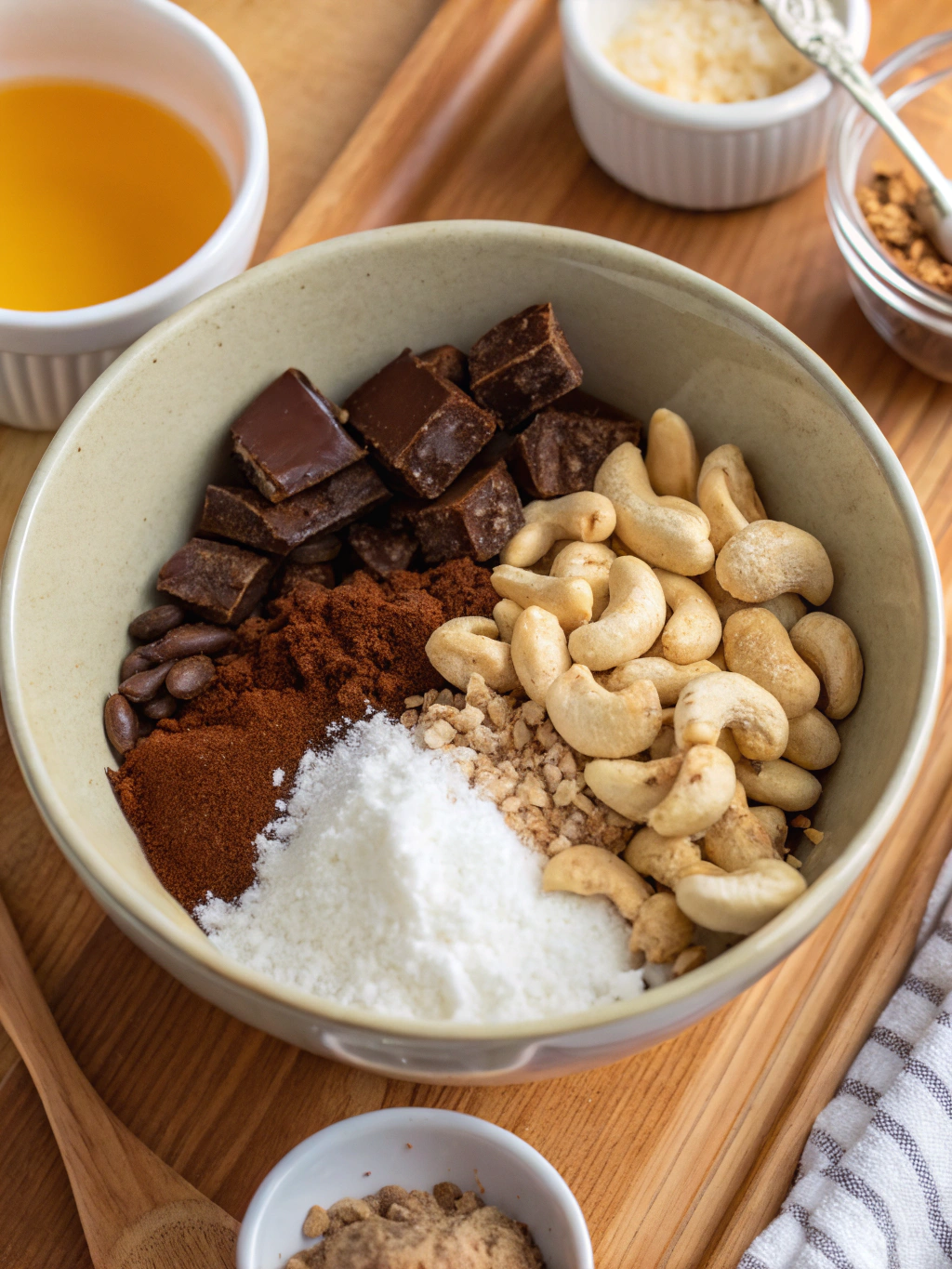Ingredients for vegan fudge including chocolate chips, coconut milk, nut butter, vanilla