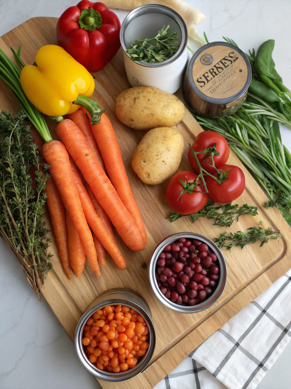 Assortment of fresh vegetables, beans, lentils, and spices laid out ready for vegan slow cooking