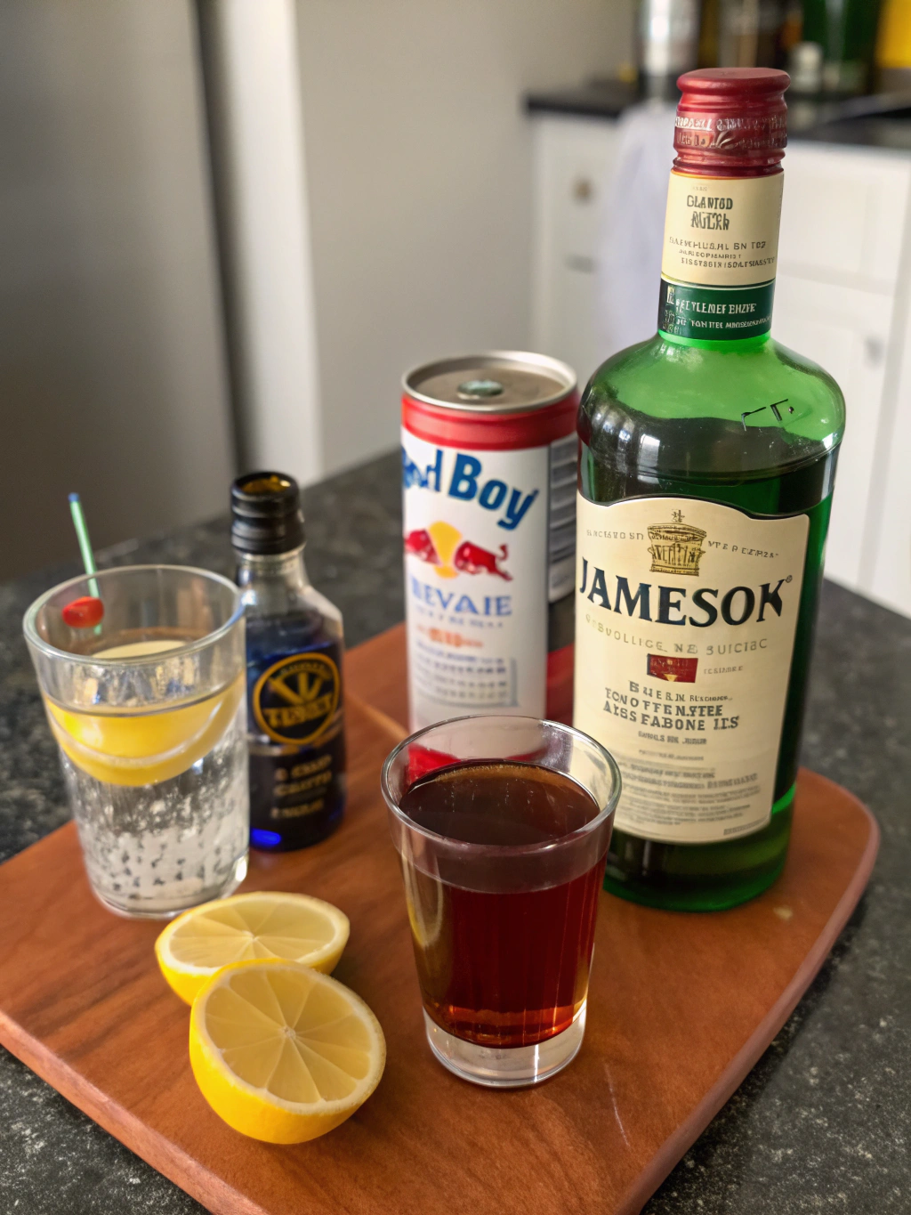 Vibrant cocktail ingredients: Crown Royal, peach schnapps, cranberry juice, and Red Bull